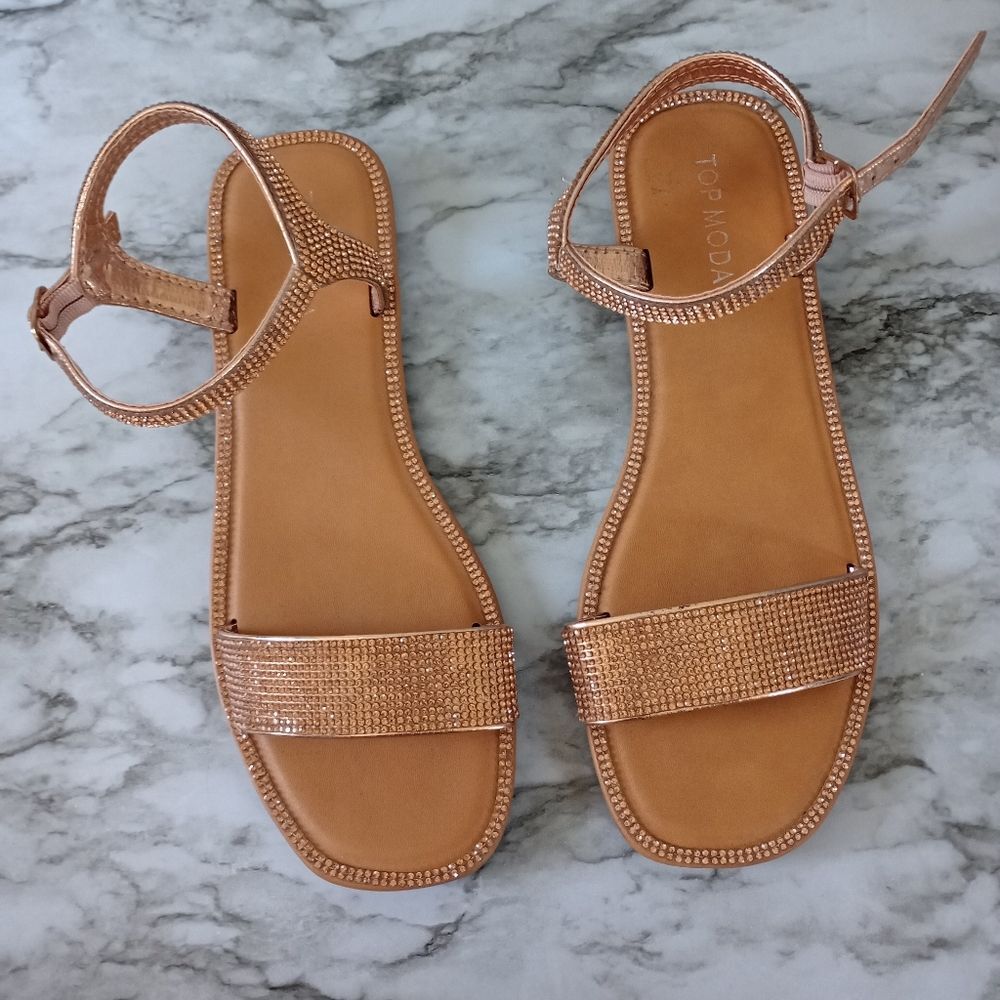 Top Moda Flat Two Strap Rhinestone Sandals Size 7.5